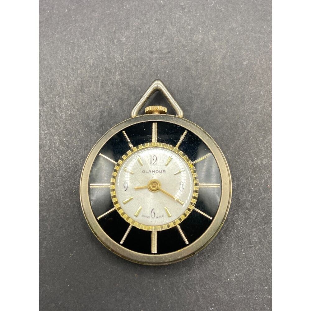 Vtg GLAMOUR Pendant Necklace/Pocket Watch Black Gold Tone Swiss Made